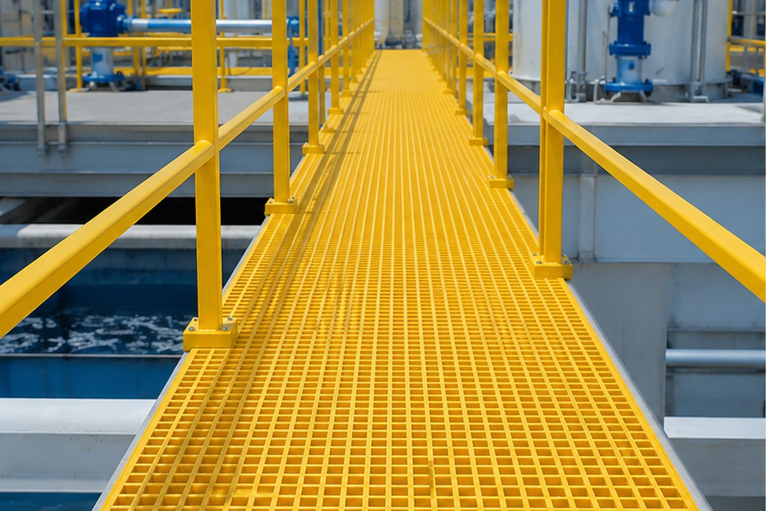 Pasarela industrial de rejilla PRFV amarilla en planta química — sin corrosión
